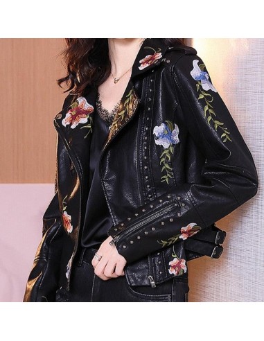 Veste simili cuir femme court broderies fleurs noire la chaussure