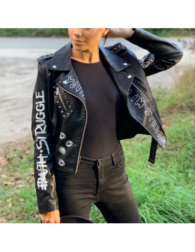 Veste simili cuir femme noir rock écritures imprimées la livraison gratuite